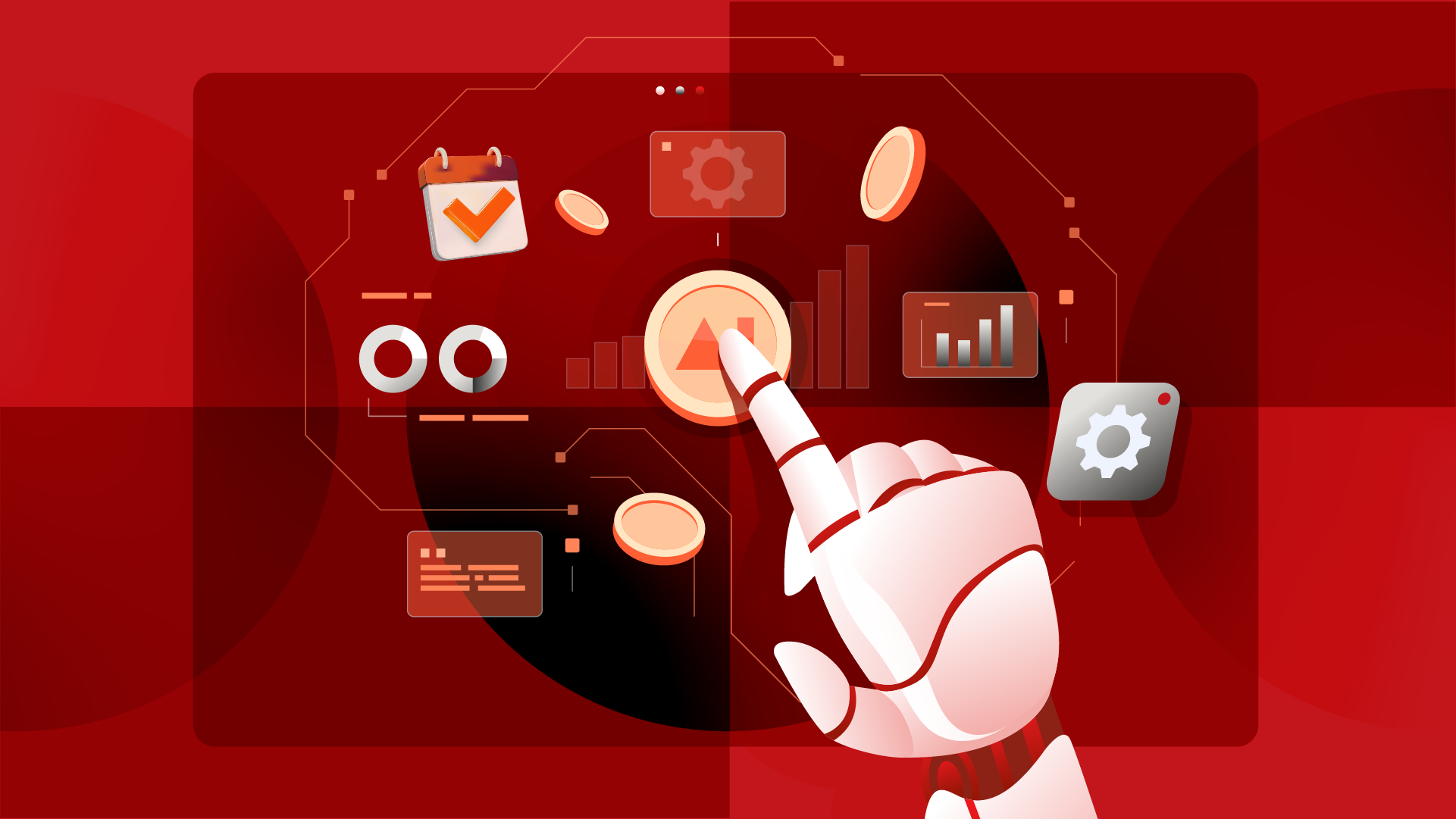 Illustration of a robotic hand touching a digital interface with icons of graphs, calendar, gear and coins, in shades of red.