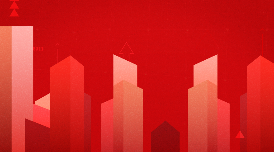 Straight and sharp graphic elements distributed throughout the image, in different shades of red, point towards the top.