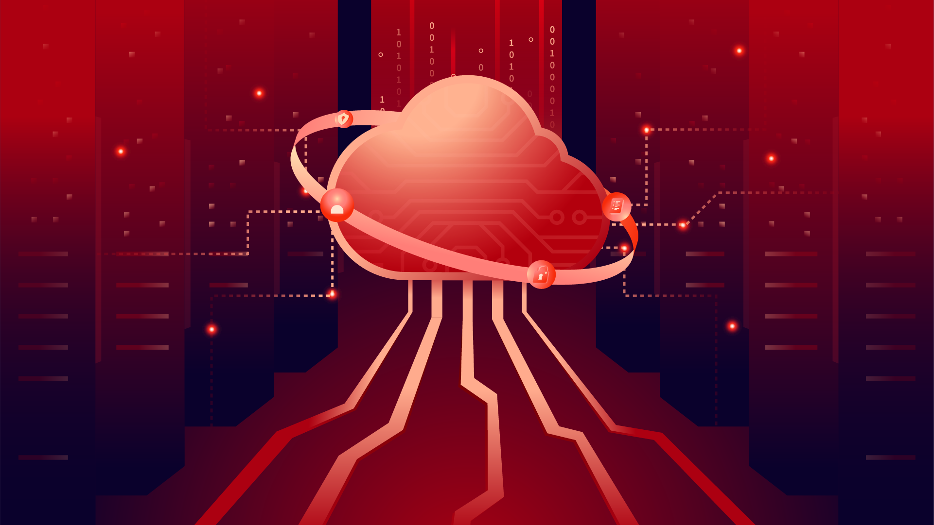 Digital illustration of a cloud at the center with connected circuits and icons representing security, data, and connectivity, with a technological background in shades of red and purple, representing vulnerability management in the context of cybersecurity.