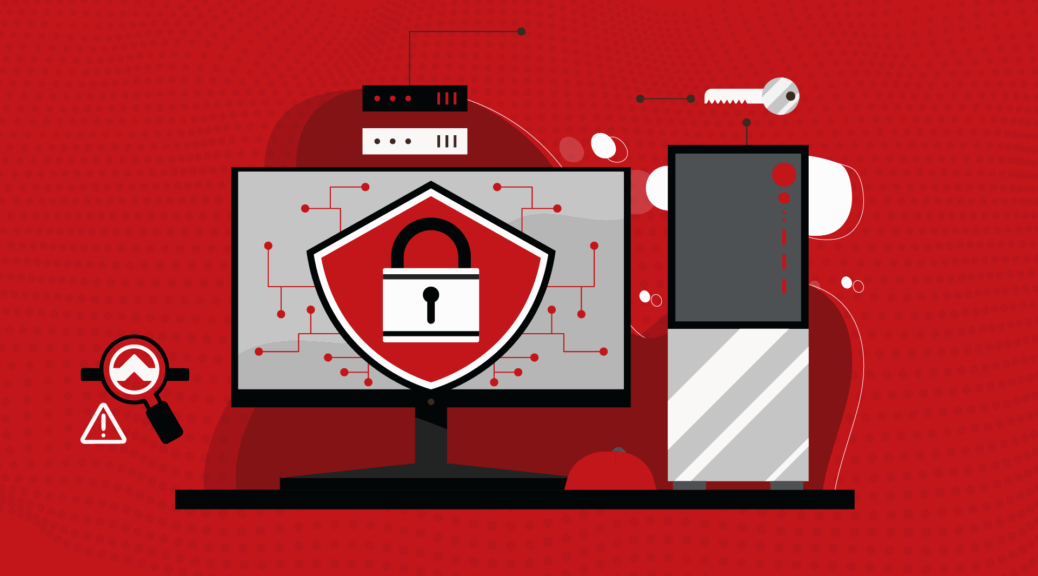 Ilustração digital de um computador e servidor protegidos por um escudo vermelho com cadeado branco, simbolizando segurança de dados e proteção cibernética em ambiente corporativo.