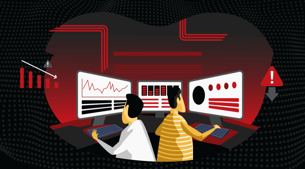 Ilustração digital de dois analistas de segurança trabalhando em múltiplos monitores exibindo gráficos e alertas, simbolizando monitoramento e resposta a ameaças cibernéticas.
