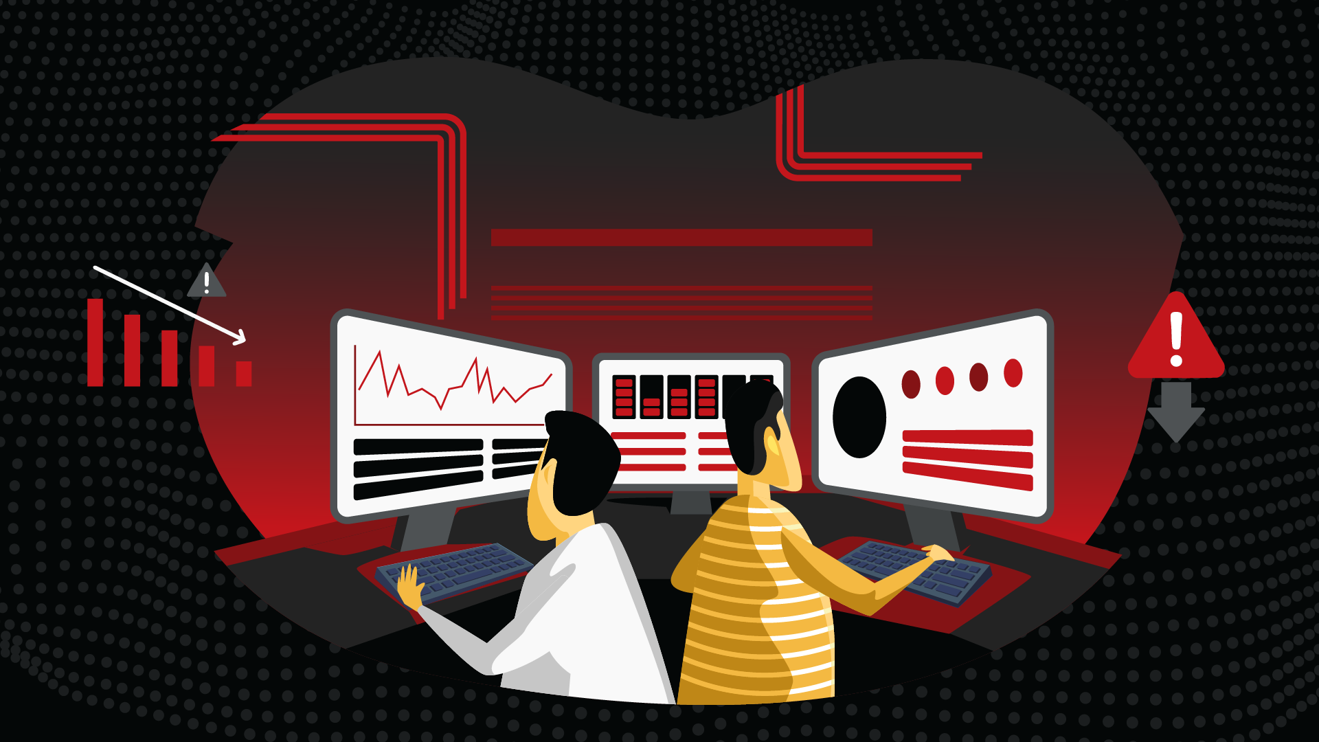 Ilustração digital de dois analistas de segurança trabalhando em múltiplos monitores exibindo gráficos e alertas, simbolizando monitoramento e resposta a ameaças cibernéticas.